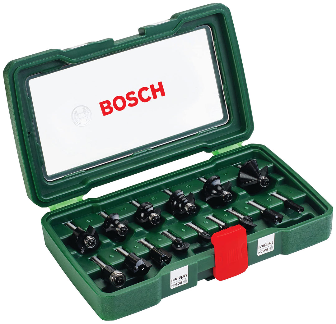 Bosch 15tlg. Hartmetall Fräser Set (für Holz, Ø-Schaft 1/4", Zubehör Oberfräse) 1/4"-Schaft 15 tlg.,