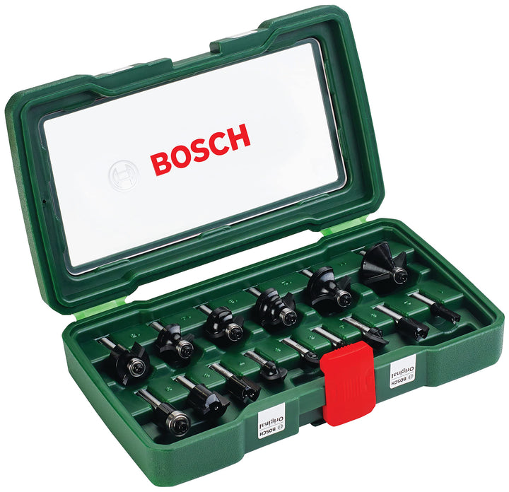 Bosch 15tlg. Hartmetall Fräser Set (für Holz, Ø-Schaft 1/4", Zubehör Oberfräse) 1/4"-Schaft 15 tlg.,