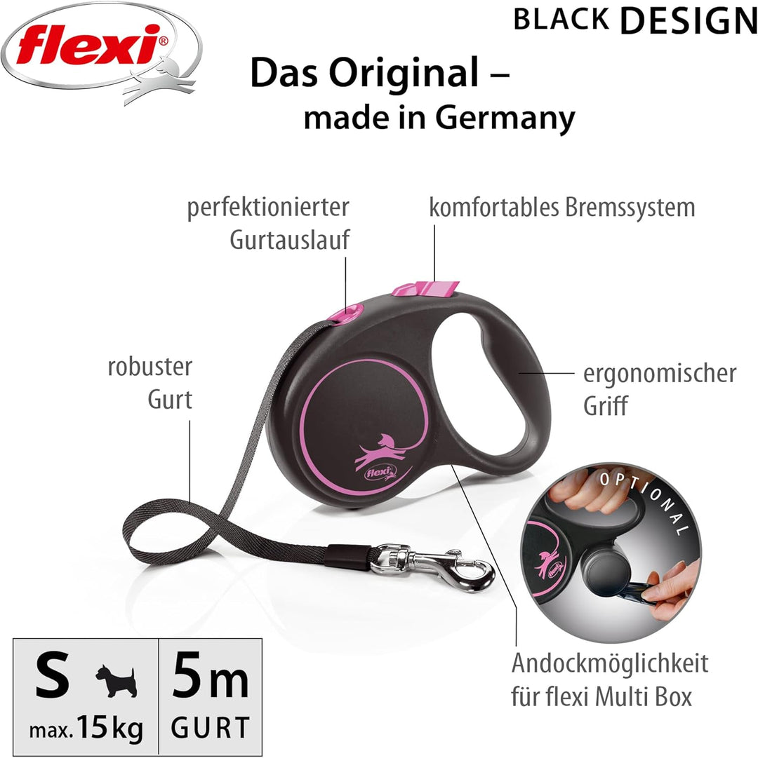 flexi® Black Design S Gurt 5 m schwarz/pink, Roll-Leine für Hunde bis 15 kg schwarz/pink S: 5m (max.