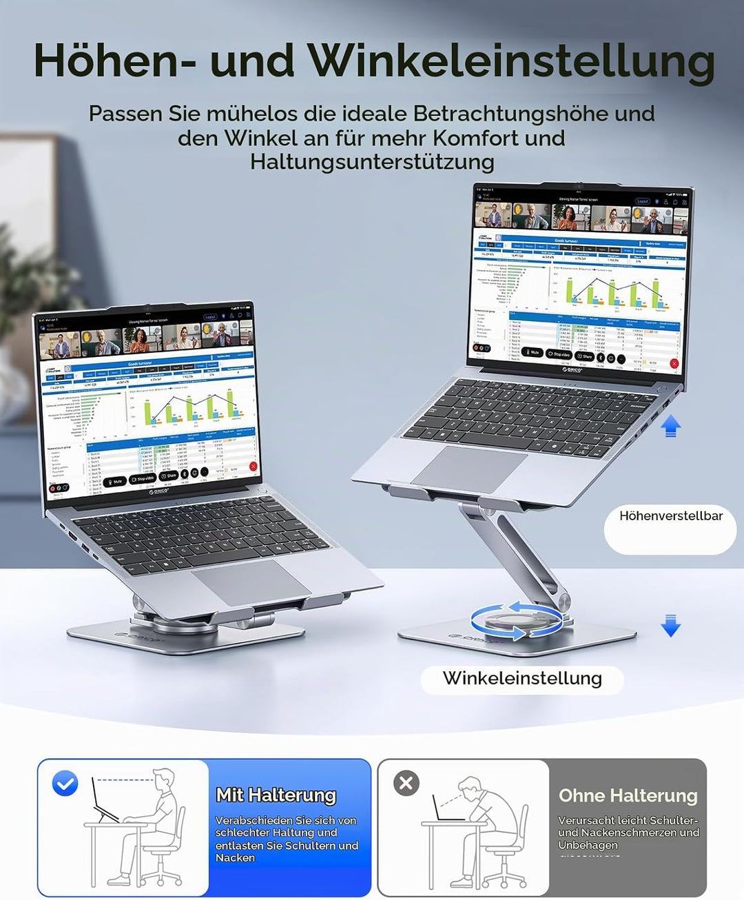ORICO Laptop Ständer Höhenverstellbar mit 360° Drehsockel, Faltbarer Ergonomischer Notebook Ständer