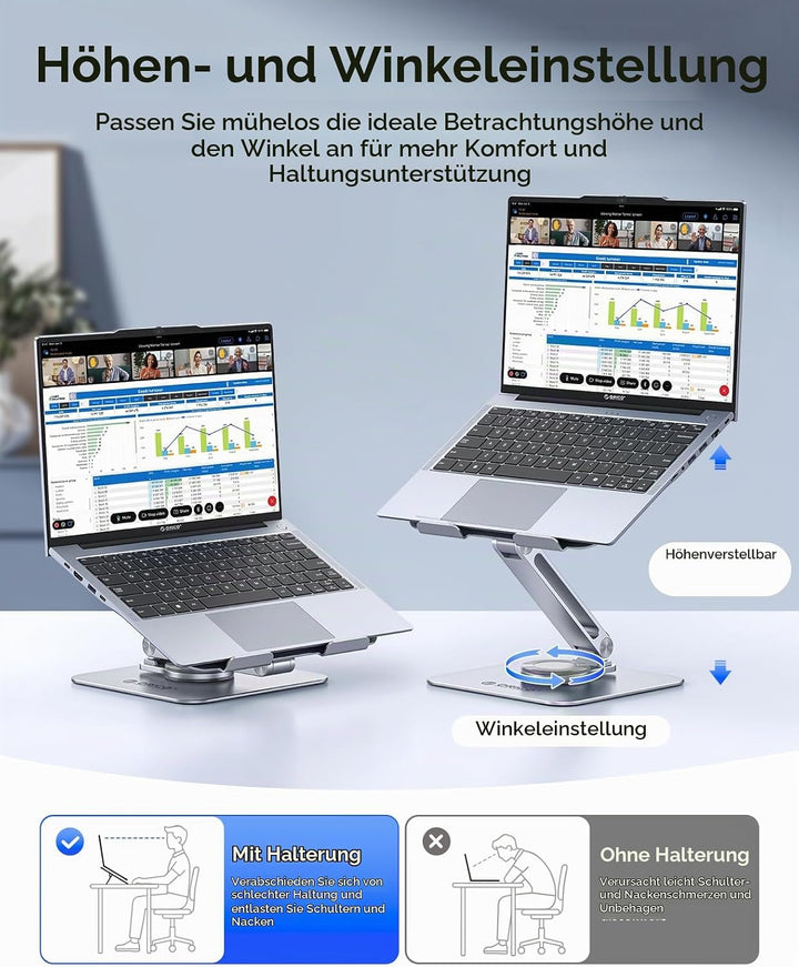 ORICO Laptop Ständer Höhenverstellbar mit 360° Drehsockel, Faltbarer Ergonomischer Notebook Ständer