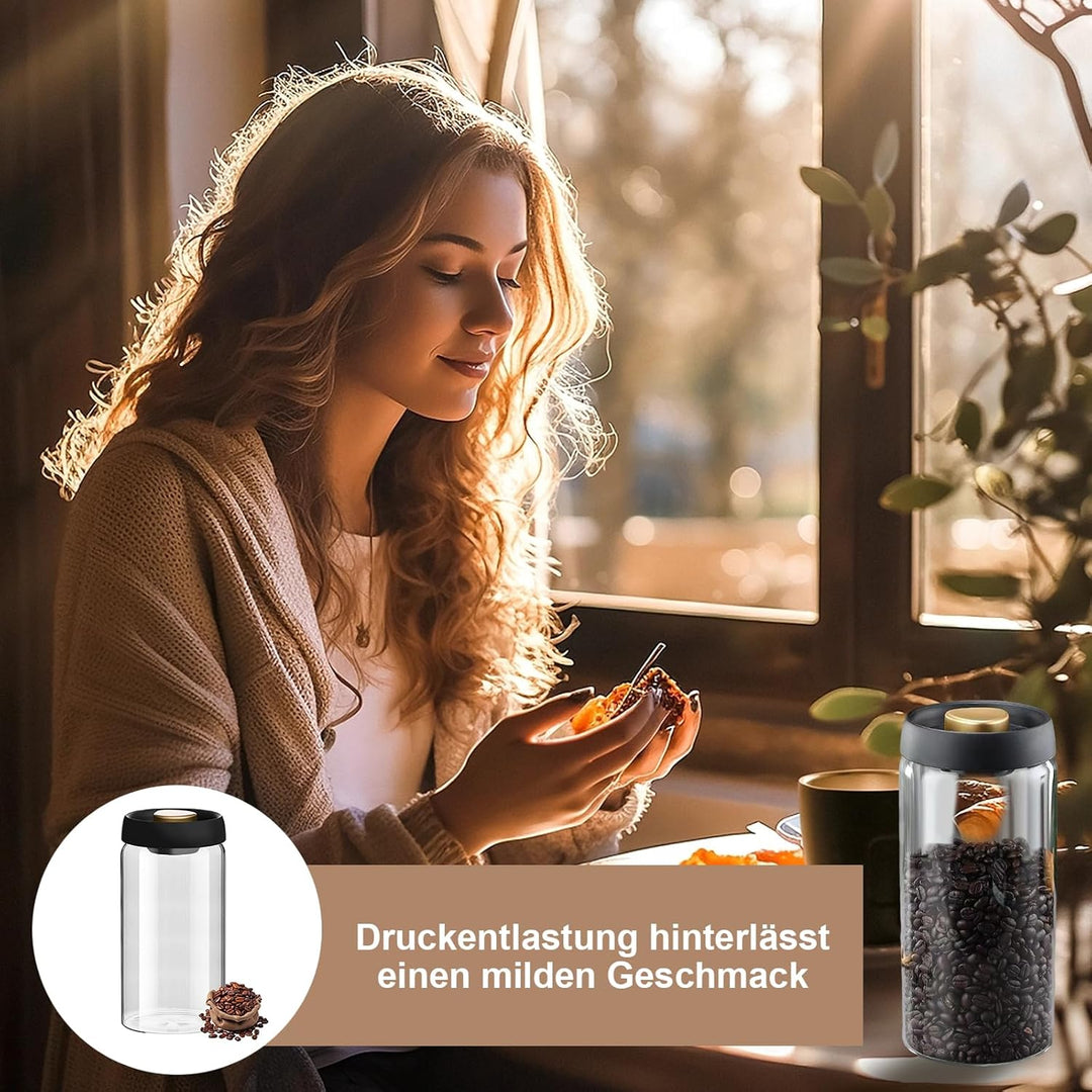 Kaffeedose 1800 ml – Vakuum-Kaffeedose aus Borosilikatglas (schwarz-gold) Kaffeebohnenbehälter, geei