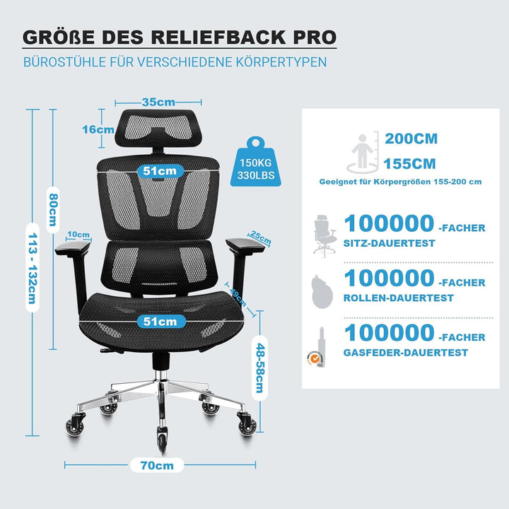 Bürostuhl Ergonomisch, 4D-Armlehnen, Verstellbare Sitztiefe, 4-stufige Neigung, Gummirollen, Mesh-Si