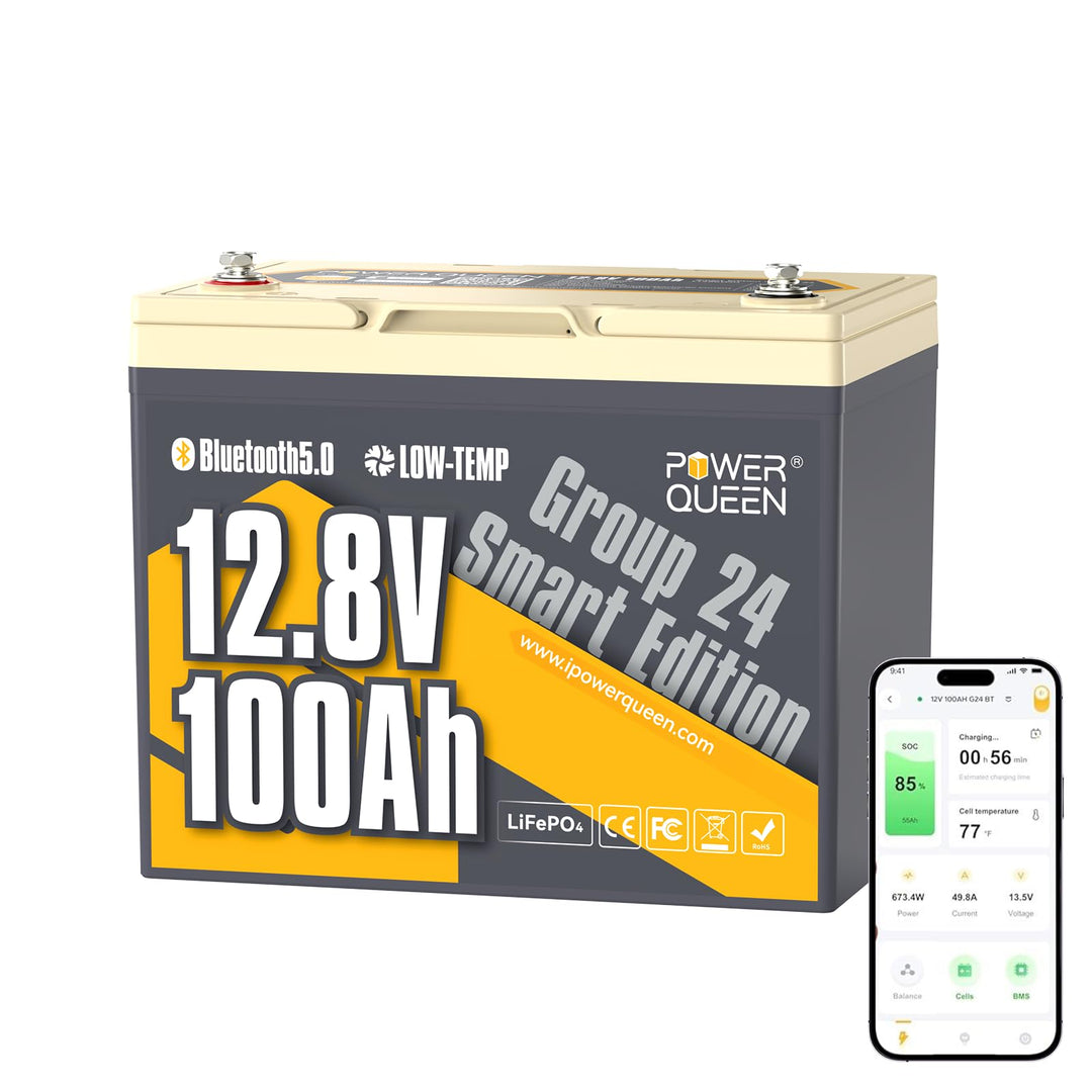 Power Queen 12V 100Ah Batterie Lithium Bluetooth LiFePO4 mit 100A BMS 1280Wh Energie, Max 15000 Zykl
