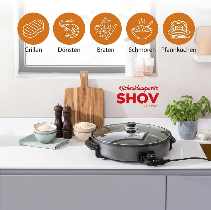 Shov Elektrische Pizzapfanne & Multibräter XL – 48cm Durchmesser, 7cm Tiefe | Partypfanne mit Antiha