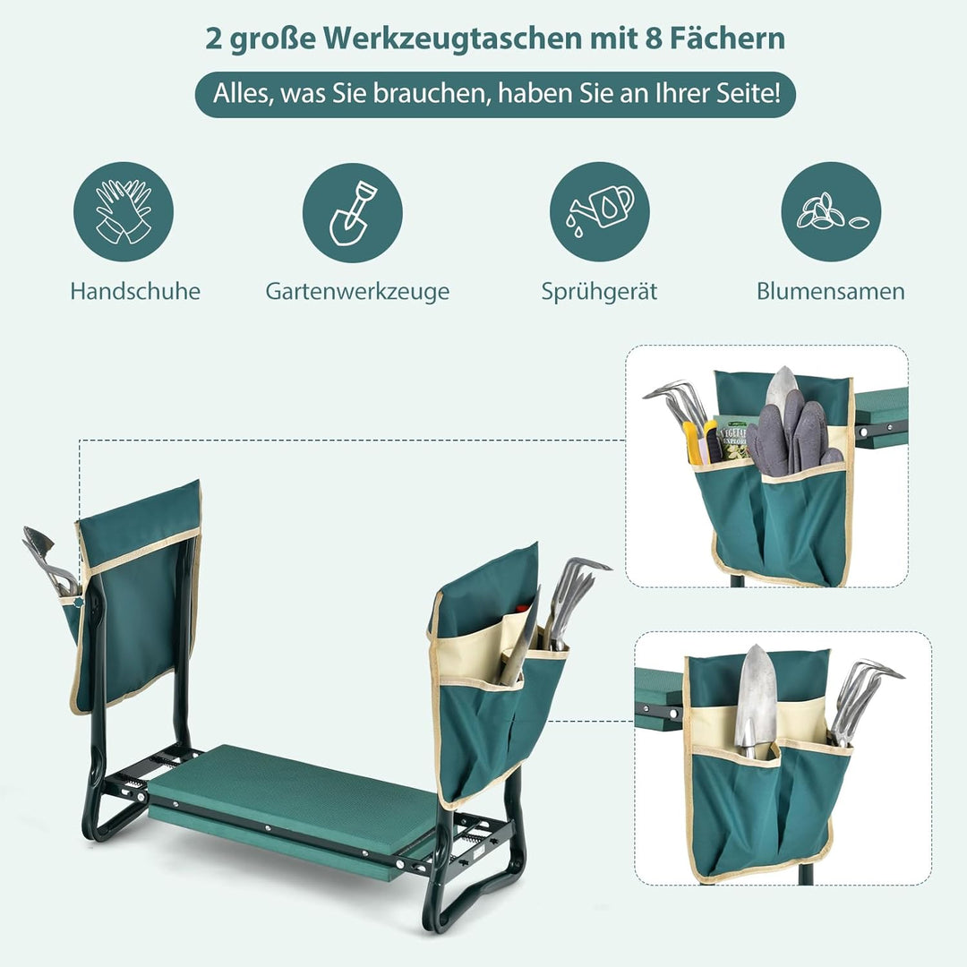 SOARS Kniebank, Gartenhocker klappbar mit Werkzeugtaschen &amp; Kniekissen, Gartenbank bis 150 kg belast