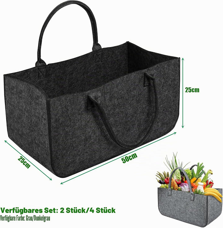 4 Stück Filz Holzkörbe Tragbare Kaminholztasche mit Griff Faltbare Kaminholzkörbe Innen & Aussen 30L