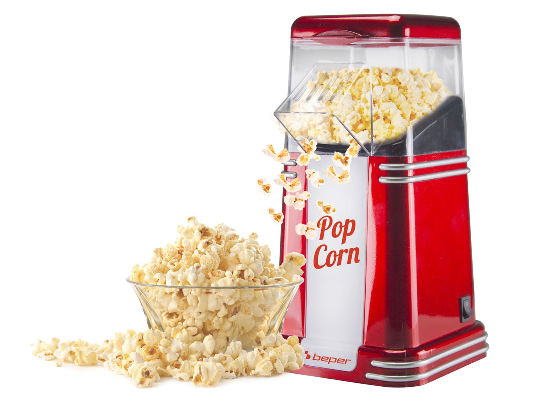 Beper - Popcorn-Maschine, 3 Minuten Popcorn, fettfrei, Heissluftzirkulation, Leistung 1200 W Rot (En