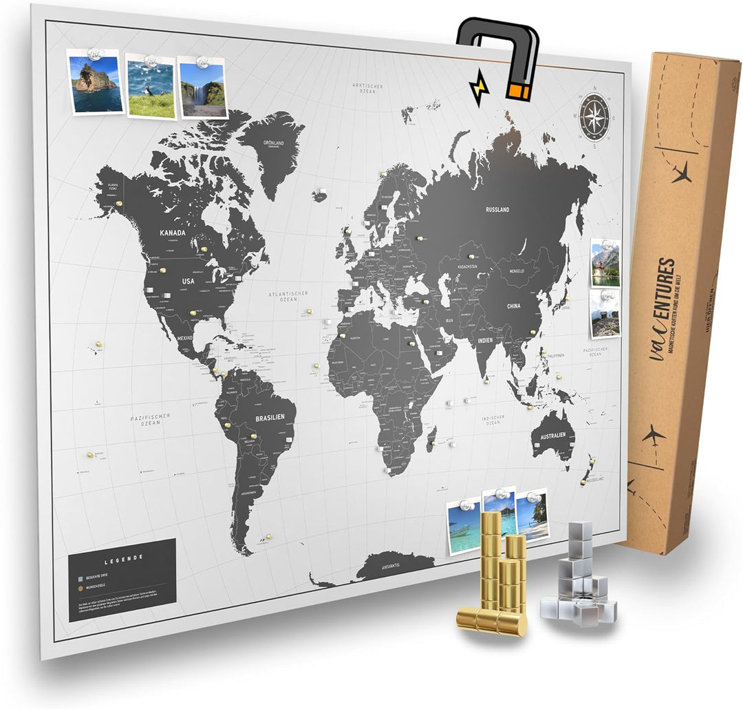 Vacentures Magnetische Pinnwand Weltkarte White inkl. 2 x 15 magnetische Pins I Markiere Deine Reise