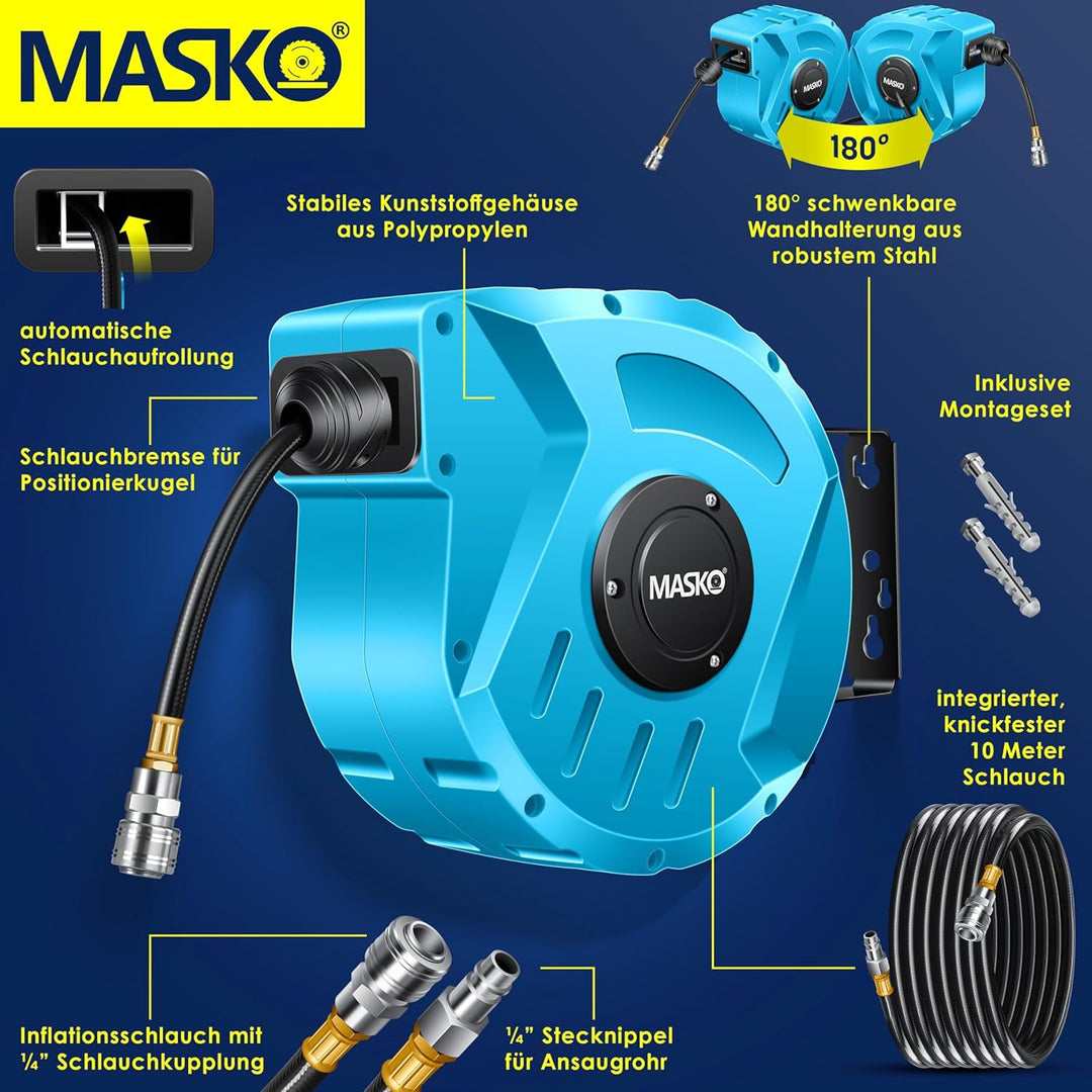 MASKO® Automatik Druckluftschlauch Aufroller 10m – Schlauchtrommel mit 1/4" Anschluss, Schlauchaufro