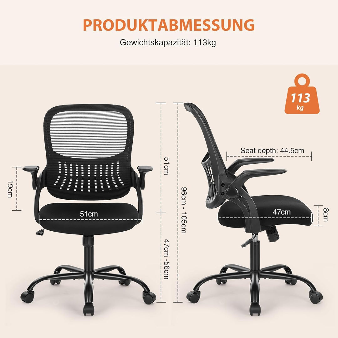 Sweetcrispy Bürostuhl Ergonomisch, Schreibtischstuhl mit Lendenwirbelstütze, Höhenverstellbarkeit St