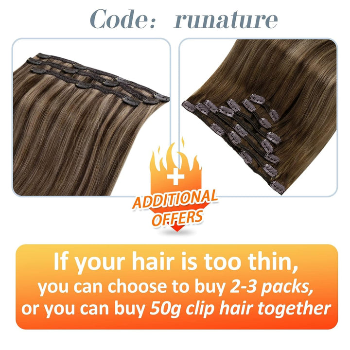 RUNATURE Clip in Extensions Echthaar Balayage Braun 30cm Gerade Echthaar Extensions Clip Braun Ombre
