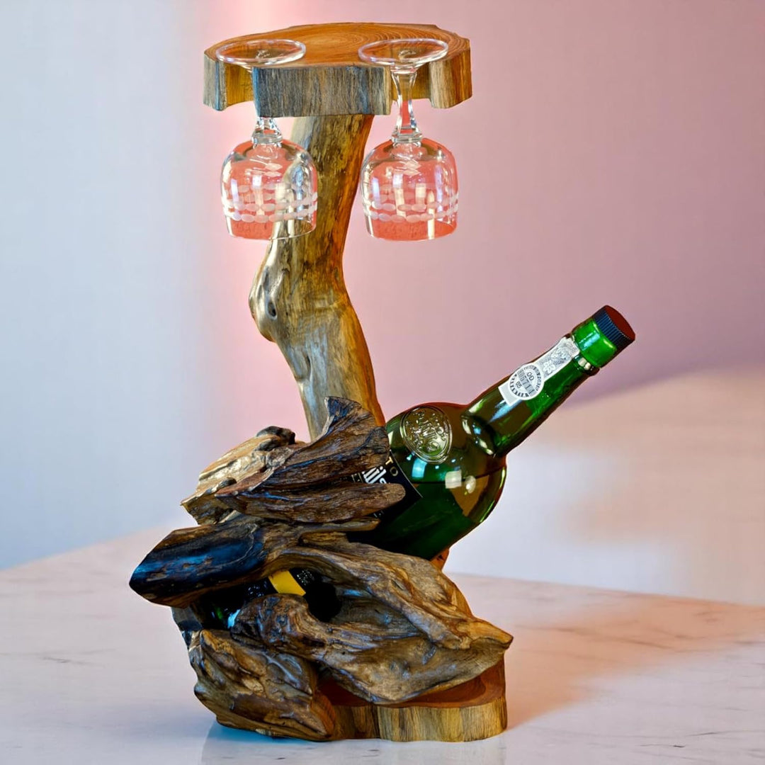 Teak Flaschenständer L - Wurzelholz Flaschenhalter - 41cm Edel und Dekorativ für 1 Flasche und 2 Glä