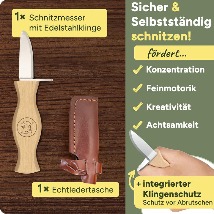 Eli® Schnitzmesser für Kinder mit Klingenschutz aus Leder ab 6 Jahre - hochwertiges Kindermesser Sch