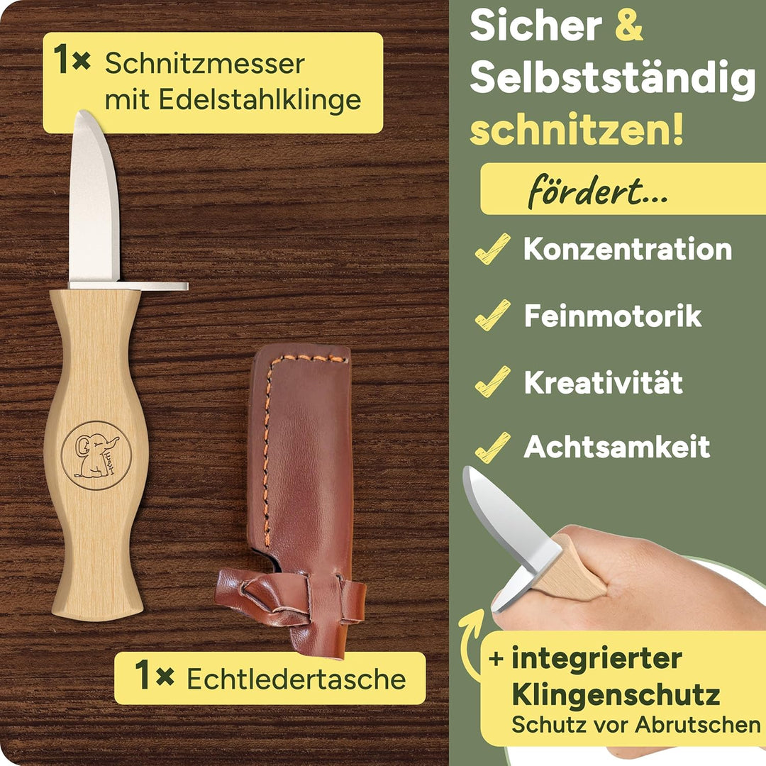 Eli® Schnitzmesser für Kinder mit Schnitzholz und Klingenschutz aus Leder ab 6 Jahre - hochwertiges