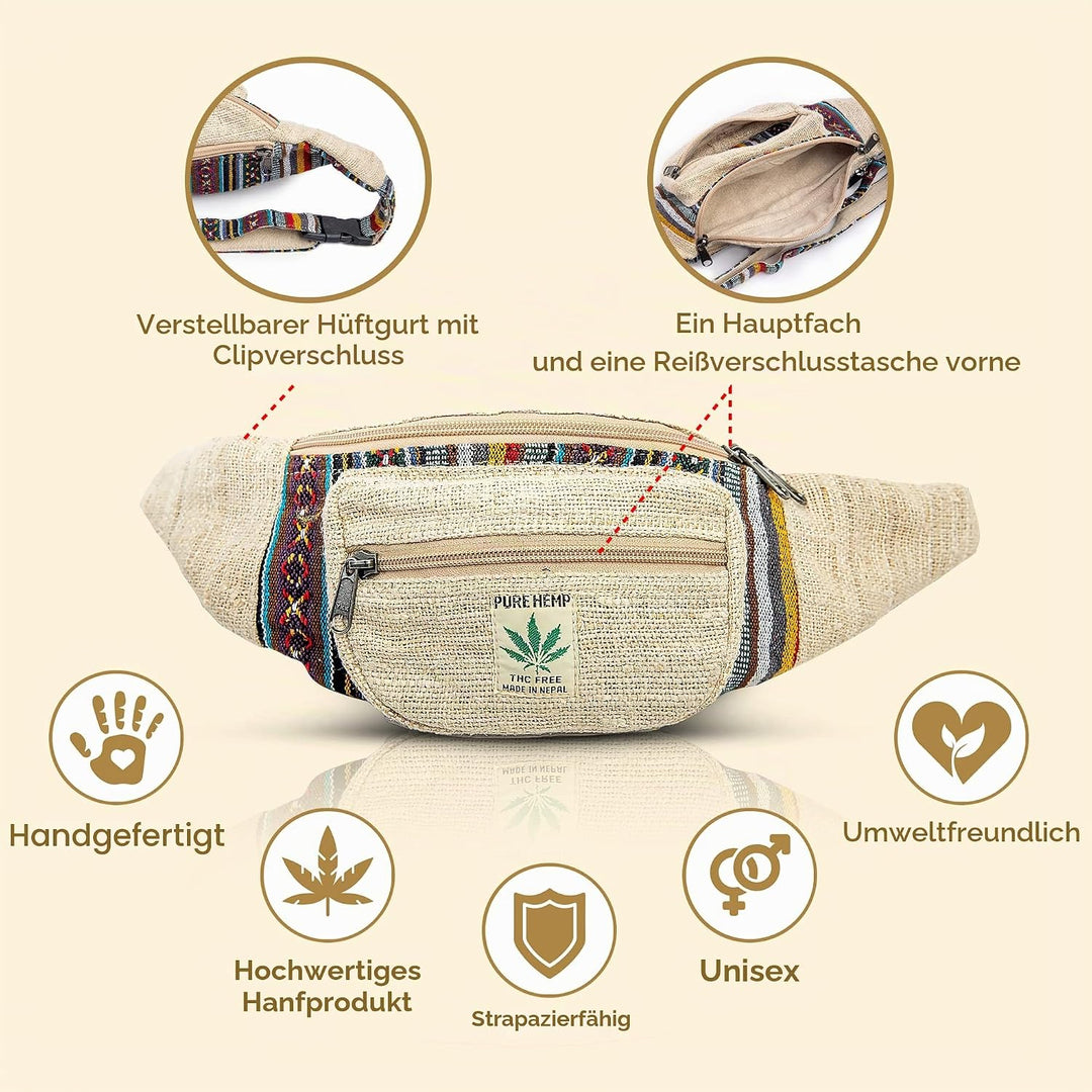 Freakmandu Unisex Hanf Gürteltasche – Fanny Packs, Hüftgürteltasche zum Umhängen, Boho Hippie Stil,