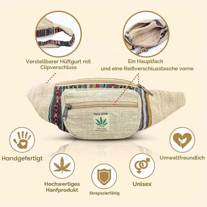 Freakmandu Unisex Hanf Gürteltasche – Fanny Packs, Hüftgürteltasche zum Umhängen, Boho Hippie Stil,