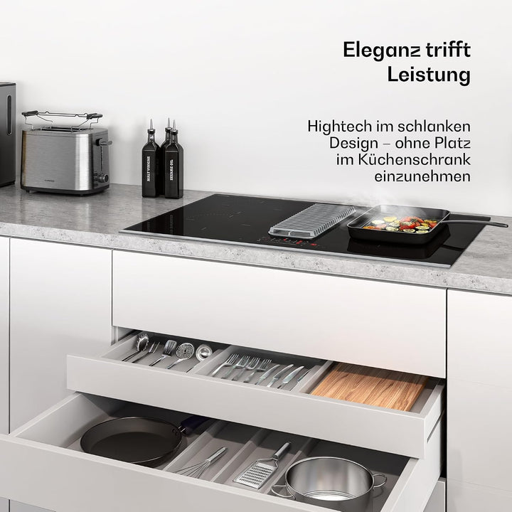 Klarstein Verosteel Induktionskochfeld mit Dunstabzug - 80cm, 4 Zonen, 7400W, Touch-Slider, Timer, K