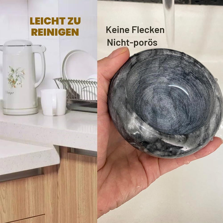Hibuco Mörser mit Stössel Marmor Ø 9 cm GrauWeiss,Hochwertiger Steinmörser für Gewürze &amp; Kräuter – R