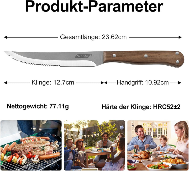 SCOLE® Steakmesser Set 6-teilig, Küchen Steakbesteck Messer set aus Carbon Edelstahl mit Wellenschli