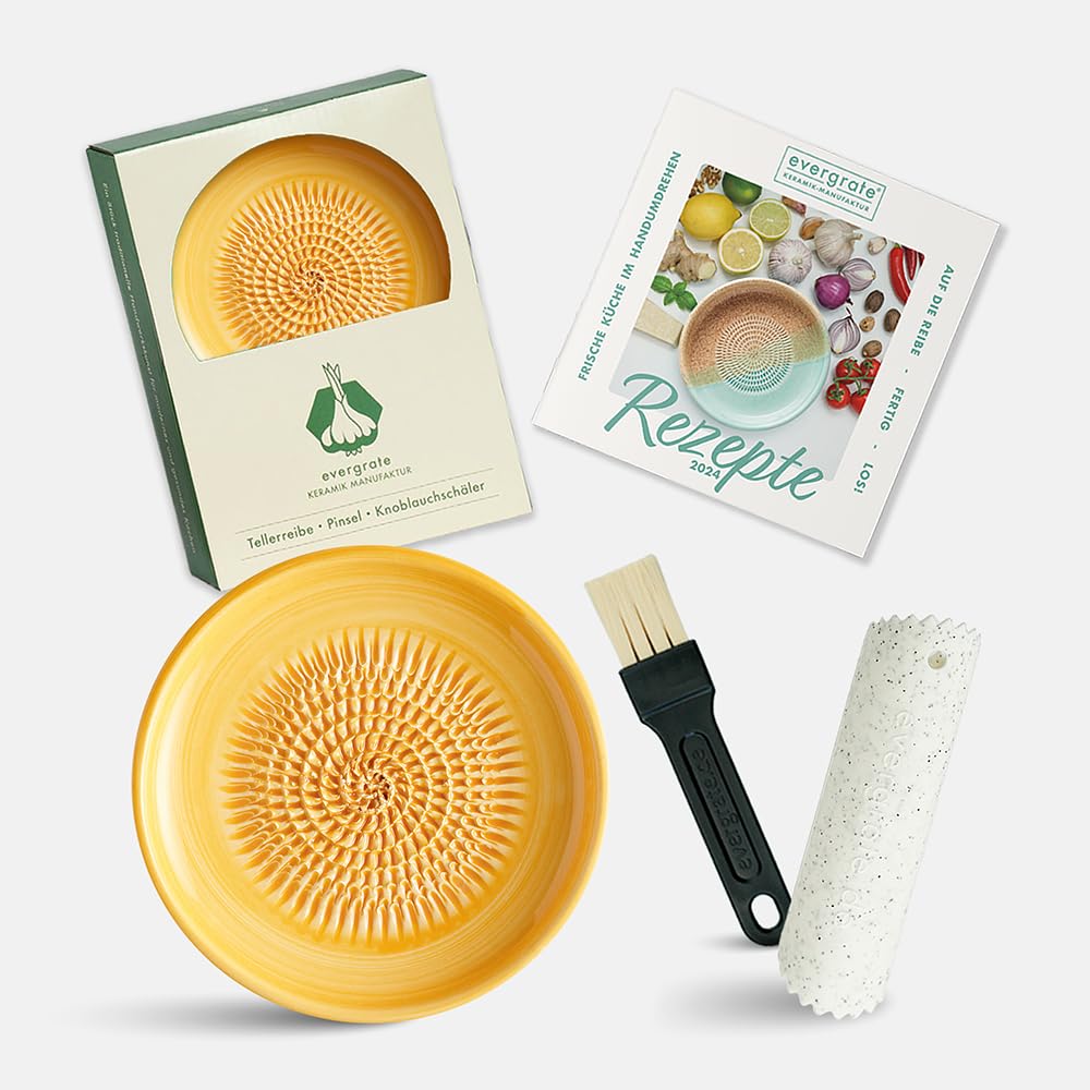 Evergrate® Keramikreibe Sonnengelb mit Geschenkbox – mit Reibe, Knoblauchschäler, Rezeptheft & Pinse