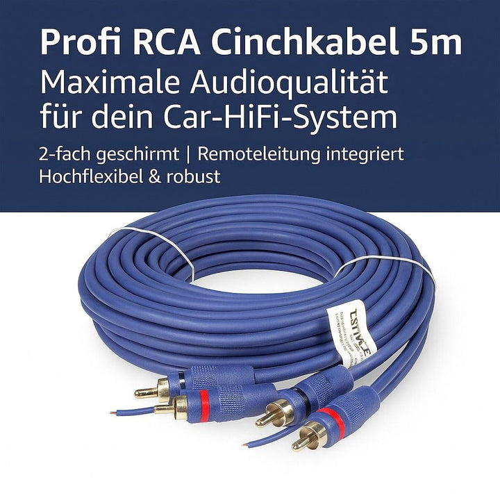 tomzz Audio 5500-001 Profi RCA Cinchkabel 5m für den Car HiFi Bereich 2-Fach geschirmt blau mit Remo