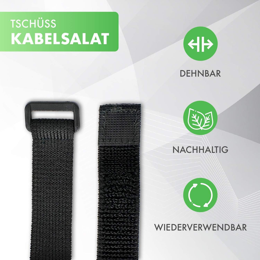 5x dehnbare Klett Kabelbinder 20 cm schwarz elastisch mit Schnalle - 20 mm breit - wiederverschliess