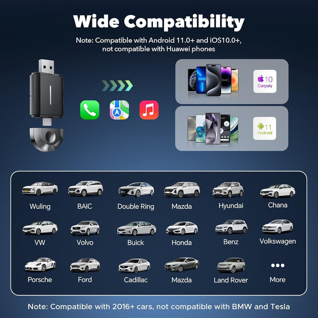 LAMTTO 2-in-1 Wireless CarPlay Adapter, Klein Carplay&Android Auto Wireless Adapter mit USB-C/A, Plu