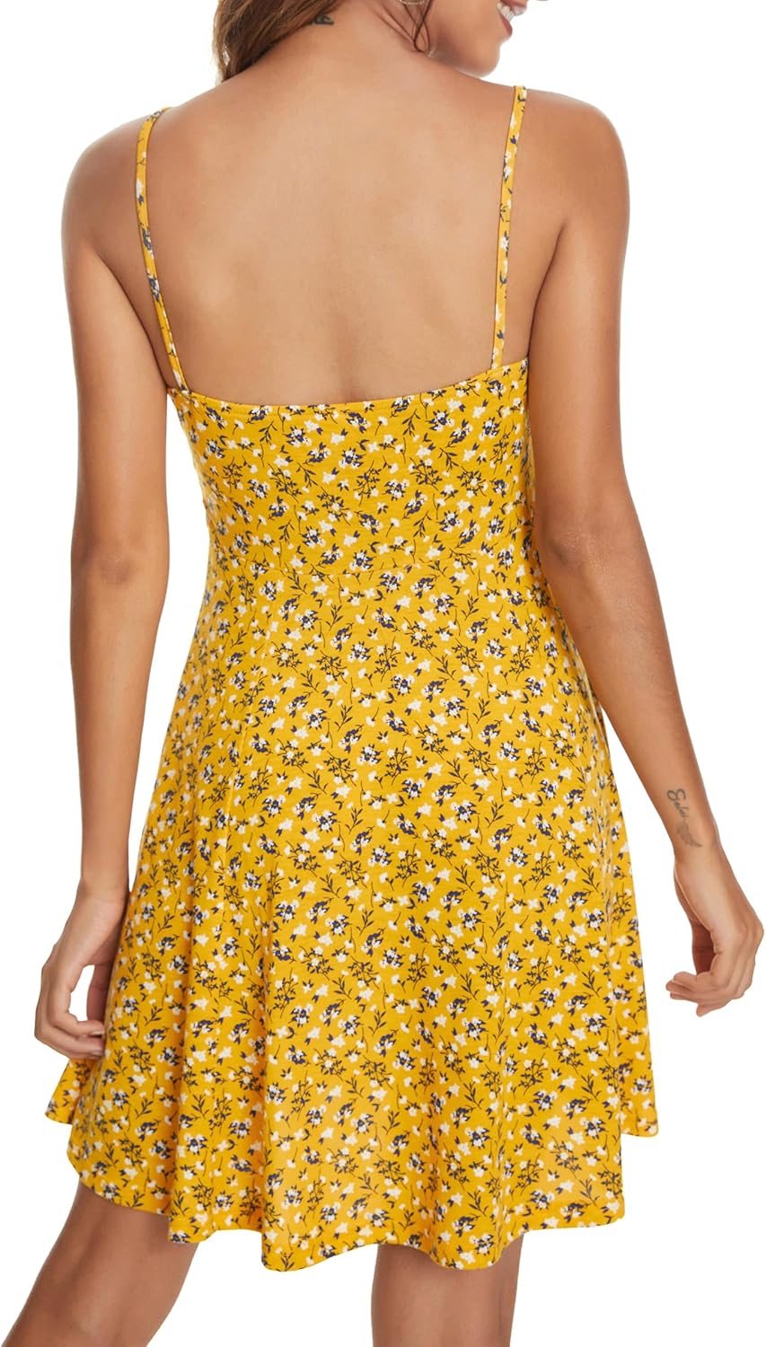 Missufe Damen Sommerkleid Swing Blumenkleid Freizeitkleid Spaghettiträger Cami Kleider XS Gelb, XS G