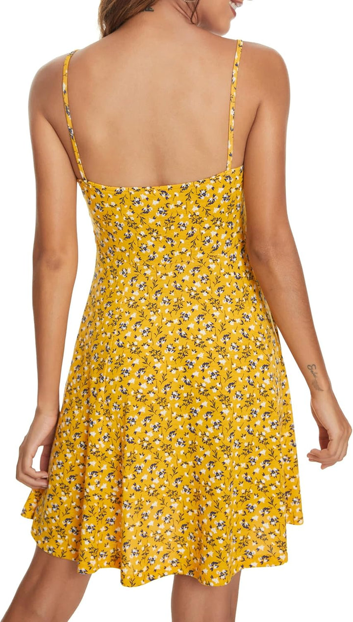 Missufe Damen Sommerkleid Swing Blumenkleid Freizeitkleid Spaghettiträger Cami Kleider L Gelb, L Gel