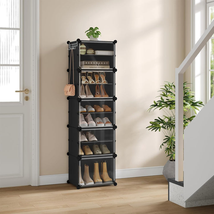 WOLTU Schuhregal, Schuhschrank mit 10 Fächern, Platzsparend, Mit Haken, Schuhablage Kunststoff, für