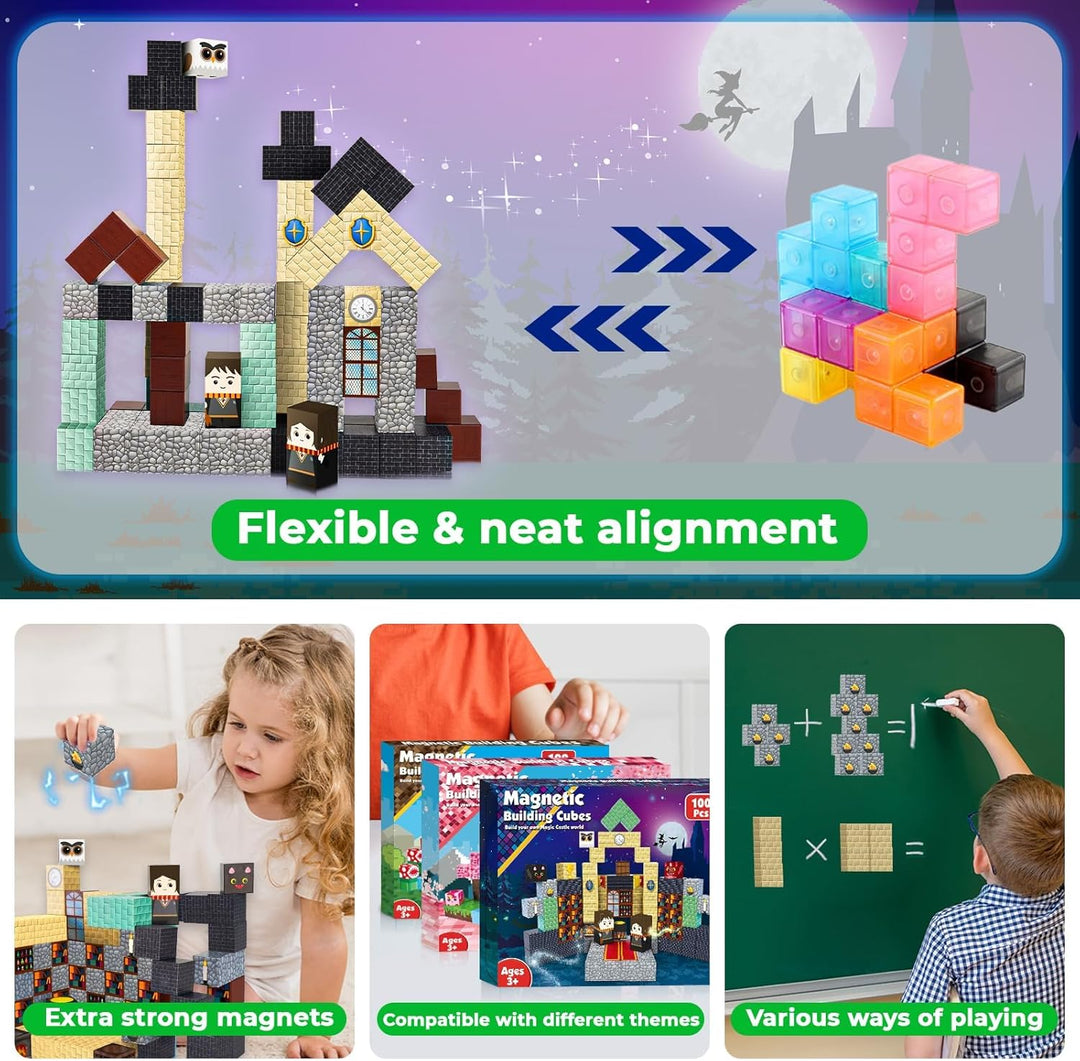 Magnetische Bausteine, 100PCS Magnetspielzeug Kinder Jungen Mädchen, 3D Zauberschloss Würfel Konstru
