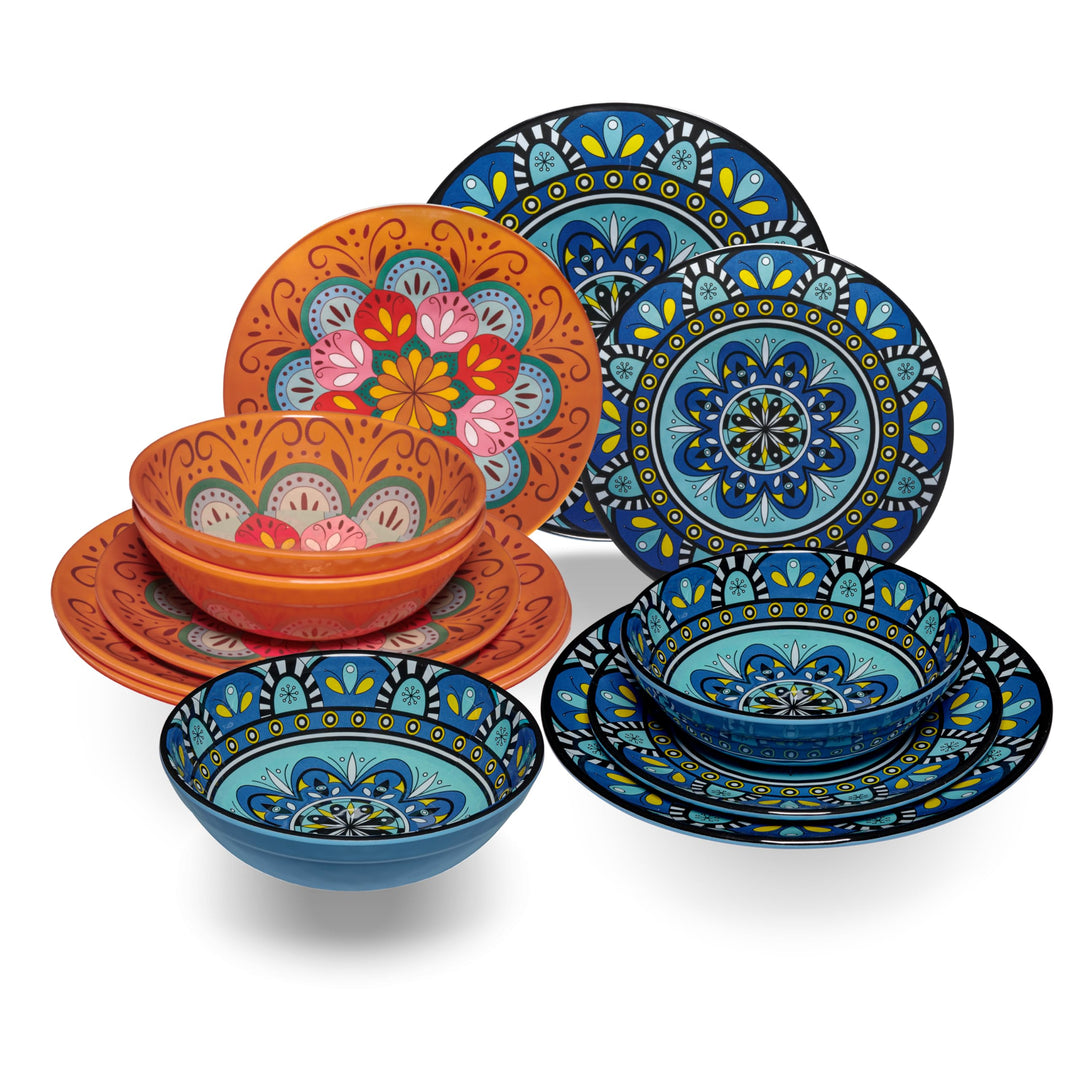 Melamin Geschirr Set Toskana Pastel für 4 Personen - Orange-Blau - Mandala-Optik Spülmaschinengeeign