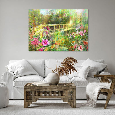 Bilder auf Leinwand 100x70cm Leinwandbild Brücke Park Blume Frühling Gross Wanddeko Bild Schlafzimme