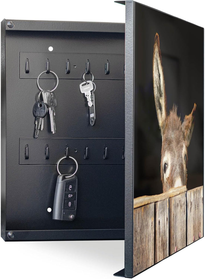 banjado® Grosser Schlüsselkasten Glas/Schlüsselbox 30cm x 30cm mit 50 Haken - Motiv Esel/Schlüsselka