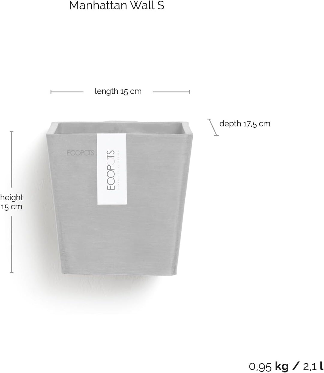 ECOPOTS Blumentopf Manhattan Grau - 15 x 17 cm rechteckig/quadratisch klein - mit Bewässerung - Pfla
