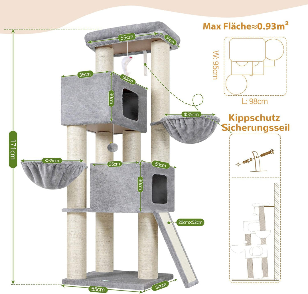Globlazer Kratzbaum Dicke Stämme 11CM für Grosse Katzen mit 2 Extragross Katzenhaus 50*35*30cm, Ausr