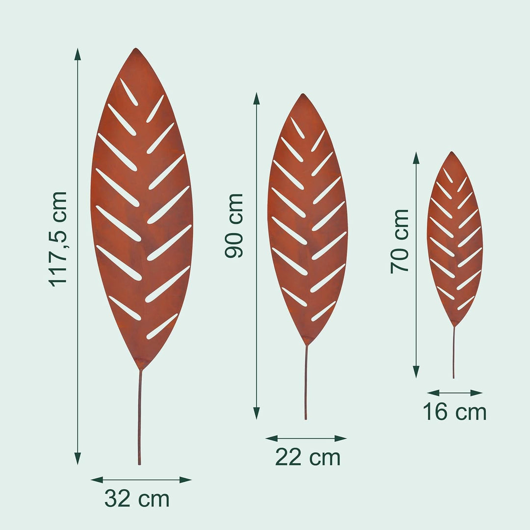Relaxdays Gartenstecker Palmblatt, 3er Set, Rost, Metall, H: 50–100 cm, Gartendeko, Metallstecker fü