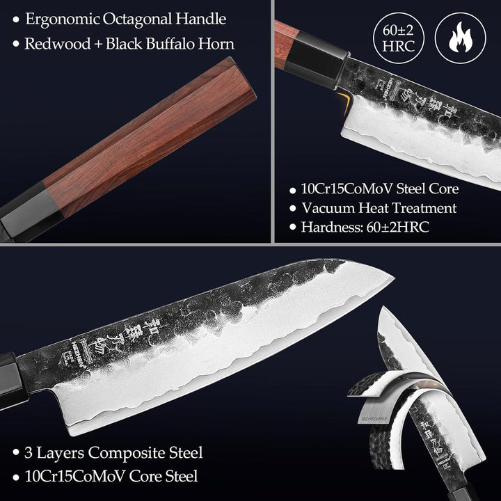 HEZHEN Kleines Santokumesser, Ultra-Scharfes Allzweck-Gyutomesser im Japanischen Stil, Achteckiger G