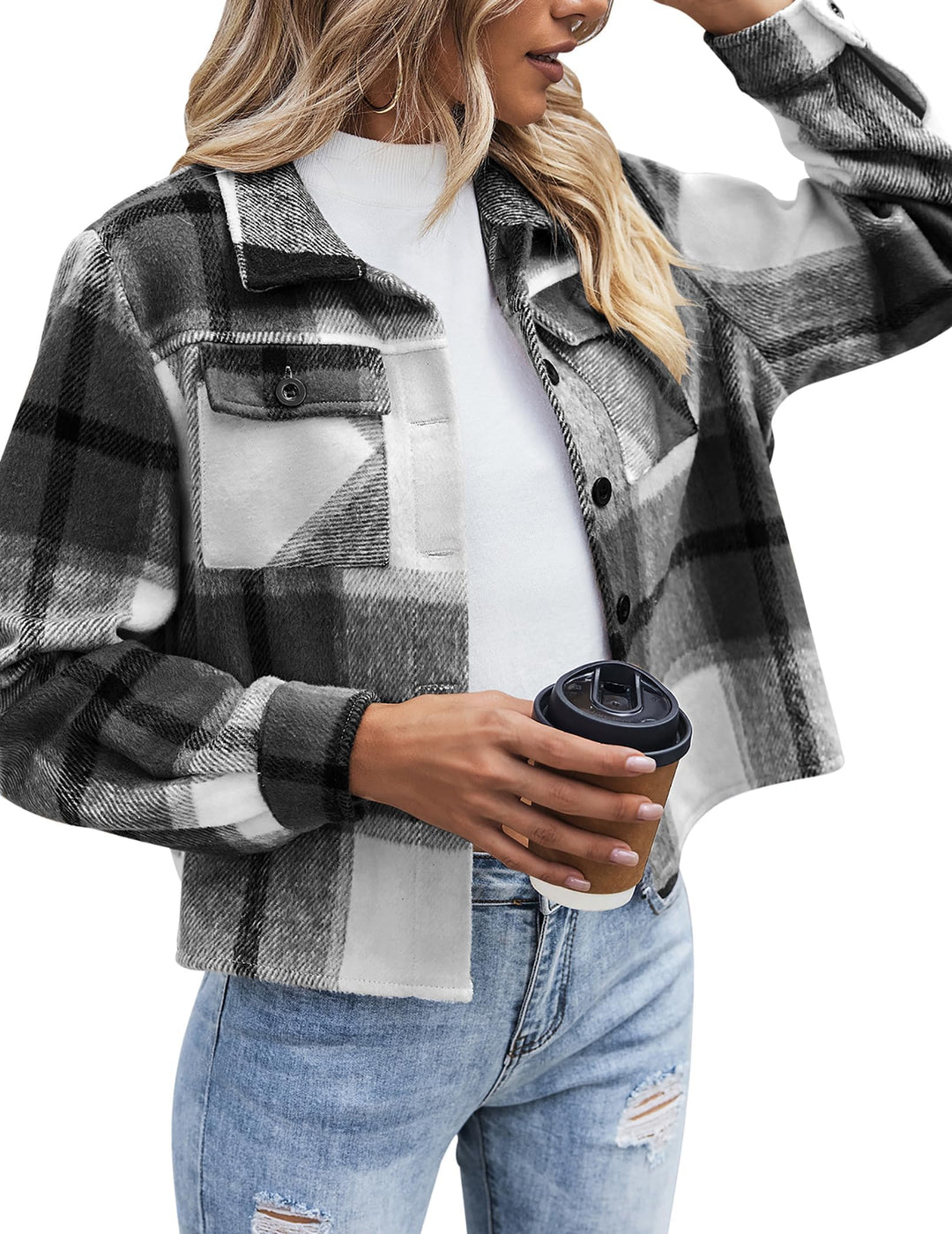 Zeagoo Damen Flanell Jacke Karierte Langarm Kurzjacke Revers Button-Down Shacket Mantel Schwarz 800