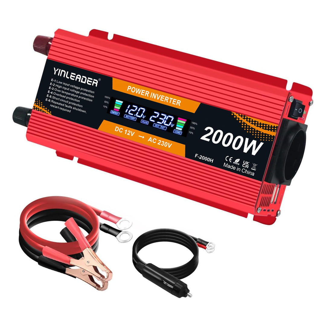 Yinleader Wechselrichter 900W / 2000W 12V 230V Spannungswandler LCD mit 2 USB