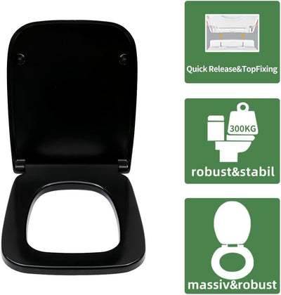 Fanmitrk Schwarz WC Sitz Eckig mit Absenkautomatik, Toilettendeckel mit Quick Release Funktion, Duro