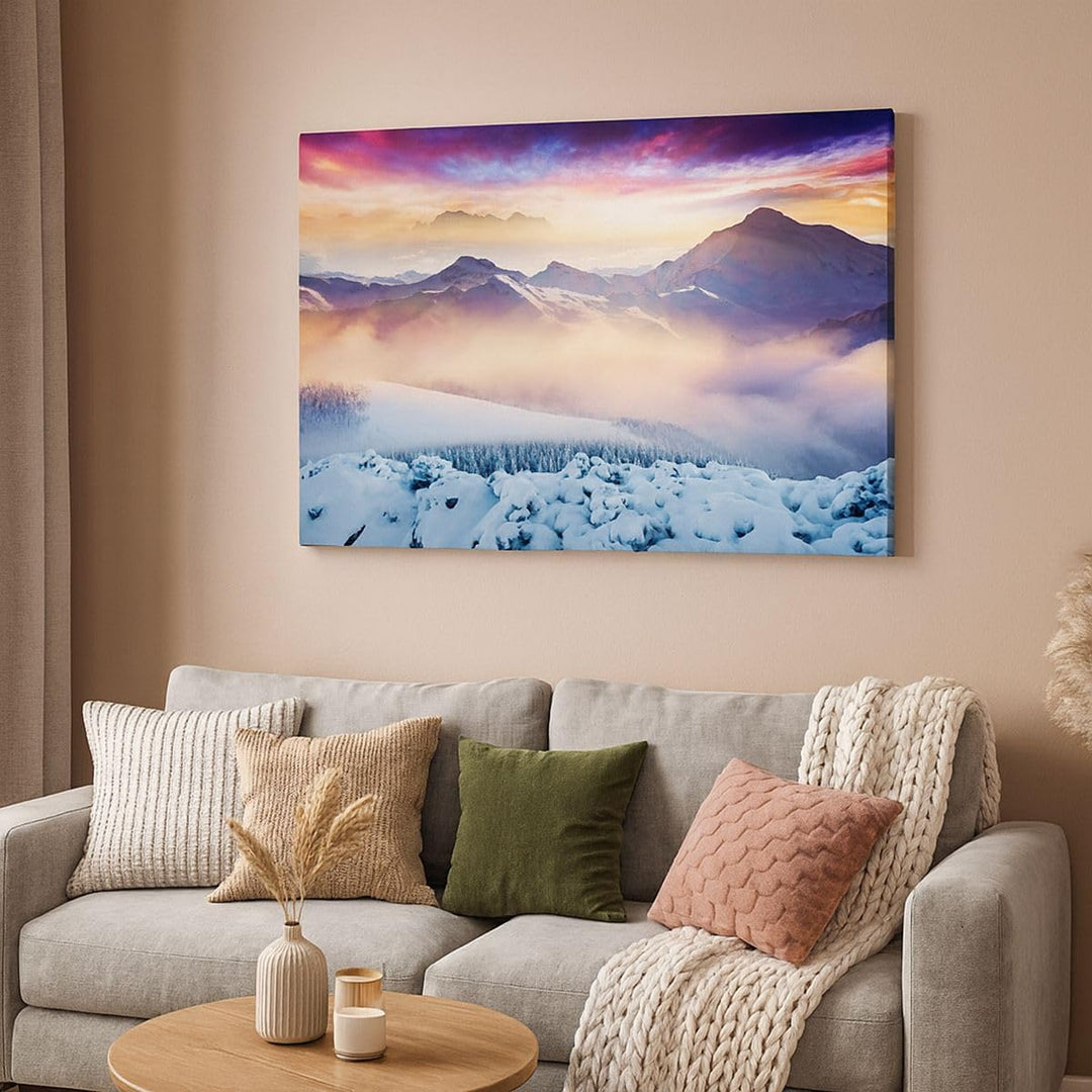Bilder auf Leinwand 100x70cm Leinwandbild mit Rahmen Berge Schnee Winter Gross Wanddeko Bild Schlafz