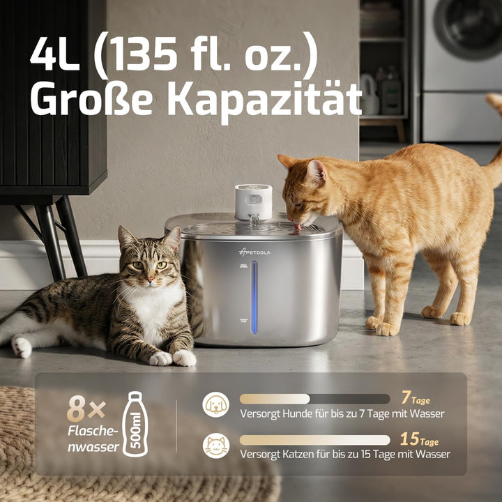 Katzenbrunnen Kabellos mit Bewegungsmelder, 4L Trinkbrunnen für Katze & Edelstahl Hunde mit Batterie
