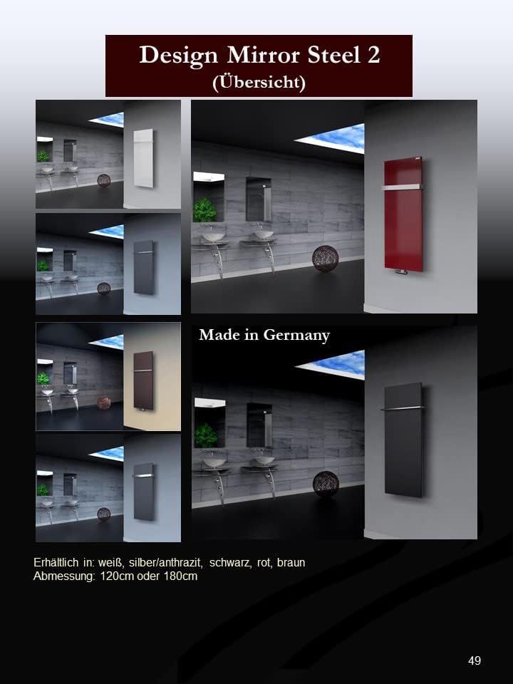 BADHEIZKÖRPER Design Mirror Steel 2 120x47cm 799 W anthrazit +1 Halter 50mm SZAGATO Handtuchwärmer H