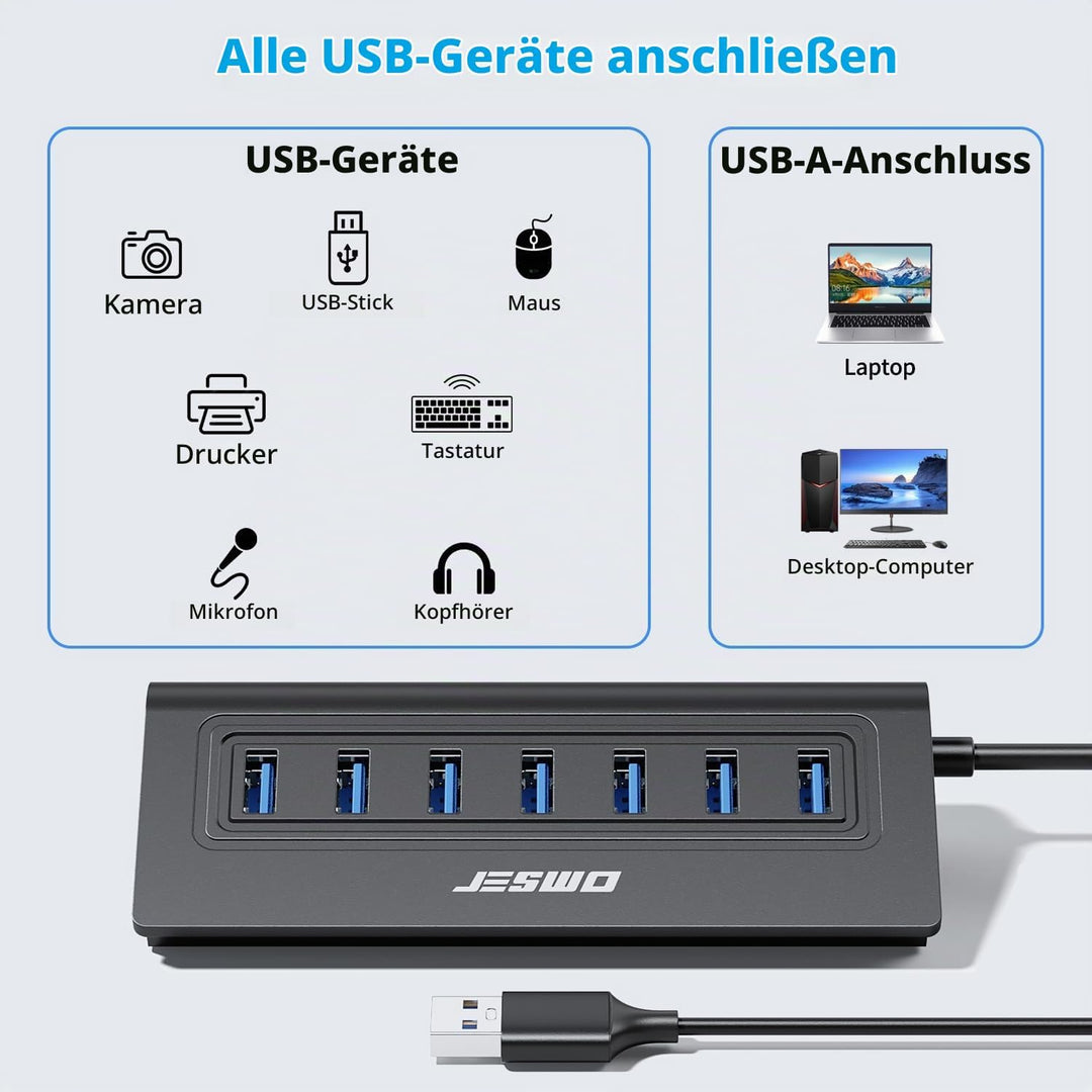 7-Port USB 3.0 Hub, Aluminium USB Verteiler 5Gbps Multiport Adapter mit 100cm Langkabel und 5V/4A St