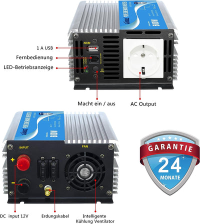 600W Wechselrichter Reiner Sinus Spannungswandler 12V auf 230V Power Inverter mit Fernbedienung und