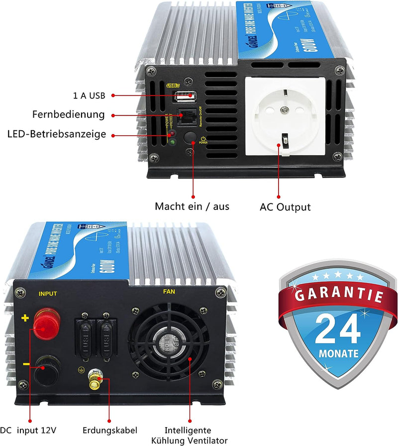 600W Wechselrichter Reiner Sinus Spannungswandler 12V auf 230V Power Inverter mit Fernbedienung und