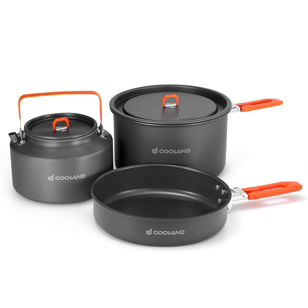 Odoland Camping Geschirr Set Outdoor Kochset mit Camping Topf, Teekessel und Bratpfanne, Kochgeschir
