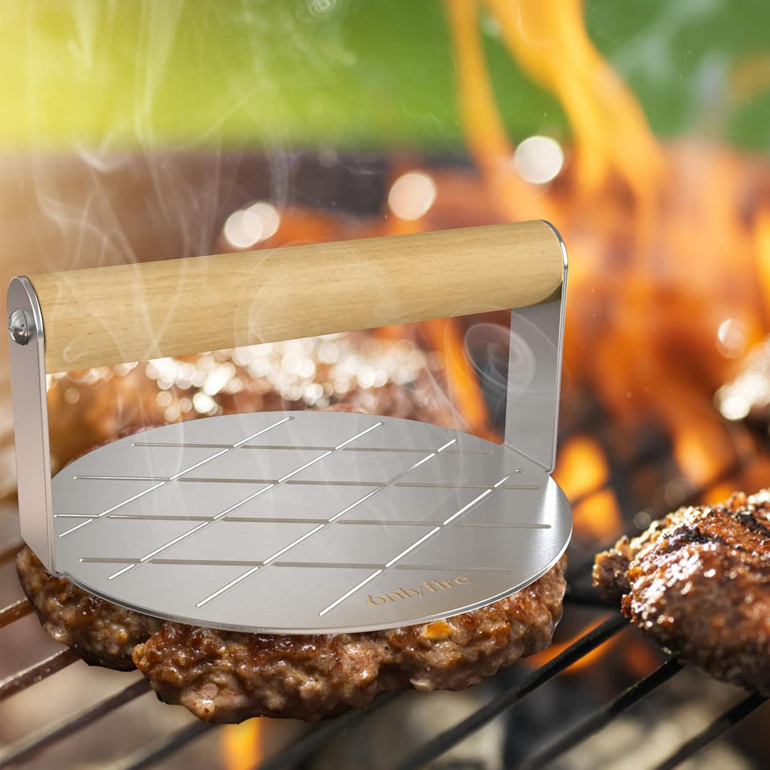 Onlyfire Edelstahl Grillbesteck Set, 4-Teilig Grillkoffer Set mit Runder Burgerpresse, Grillspachtel